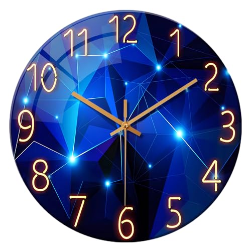 Constantplanet Blue Wall-Clocks for Living Room Decor - Kitchen Clocks Wall Battery Operated - 12 Inch Round Glass Wall Clock Silent Non-Ticking
