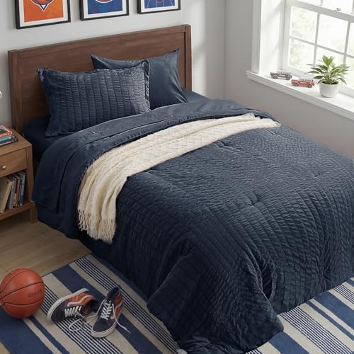 Zzlpp Navy Blue Seersucker Bedding Set 5 Pieces Comforter Set with Pillow Case, All Season Bedding Set with 1 Comforter, 1 Pillow Sham, 1 Flat Sheet, 1 Fitted Sheet