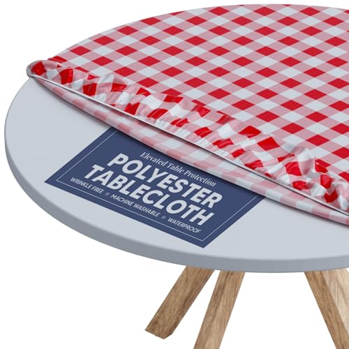 Round Tablecloth of Polyester -Fitted with Elastic, Water Proof, Washable, Fits for Table 54 Inches Round, Checked Red Design, for Indoor/Outdoor Kitchen and Picnic and More...