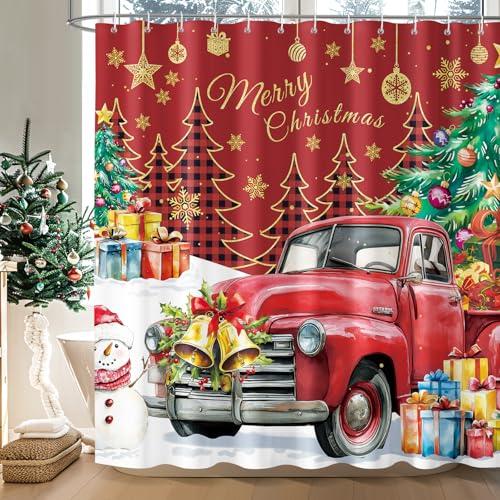 Dazzlewall Christmas Shower Curtain for Bathroom Mould & Mildew Resistant - Christmas Truck, 183 x 183 cm, Waterproof Polyester Fabric, Quick-Drying, Machine Washable, Included 12 Plastic Hooks