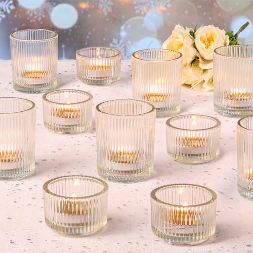 NITIME 10 x Assorted Clear Votive Candle Holders for Table Centers, Clear Tea Light Holders with Glass Tea Light for Table Centers, Wedding, Home and Parties