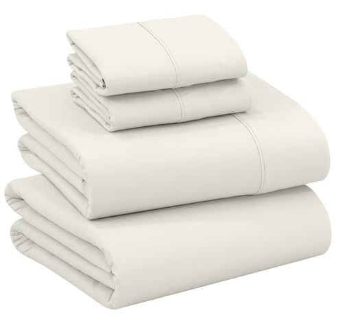 "Ruvanti 100% Cotton Full Size Bed Sheets, 4 Pieces, Soft & Breathable Percale Weave Bedding, Deep Pocket 16"", Hotel Standard, Crisp Cool Feel, Durable, Perfect Sheet Set Dyed, Ivory"