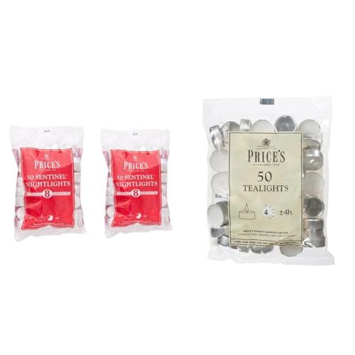 Price's Candles 2 x 50 Pack Sentinel Range 8 Hour Tealights Bags & Prices Patent Candles White Tealights Bag, Pack of 50, Wax, l x 3.8cm w x 1.8cm h, Unscented