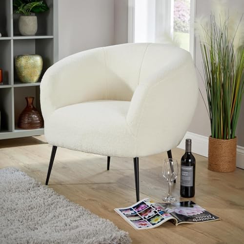 Home Source Round Back Armchair Faux Fur Accent Chair, Black Metal Legs, White