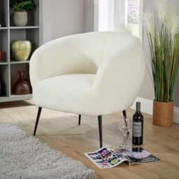 Home Source Round Back Armchair Faux Fur Accent Chair, Black Metal Legs, White