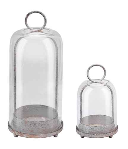 "5"" & 4"" Wide Versatile Metal Candle Holder In Shabby White With Handmade Thick, Heavy & Sturdy Glass Dome For Pillar Candle, Industrial, Modern, Shelf, Mantel, Veranda, Porch (1, White Shabby)"