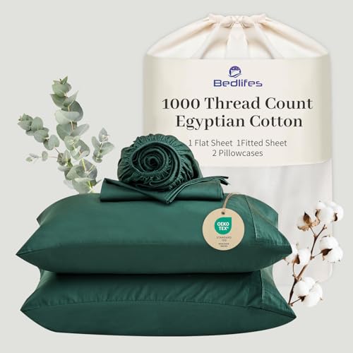 "Bedlifes Egyptian Cotton Sheets 1000 Thread Count King Size, 4-Piece 16"" Deep Pocket - Cooling & Breathable Ultra Soft Bedding for Hotel Comfort (Dark Green)"