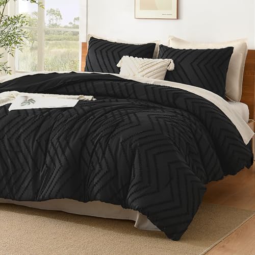 Litanika Oversized King Comforter Set Black, 3 Pcs Boho Tufted Bedding Set - Neutral Lightweight Fluffy Chevron Textured Bohemian Bedding Set Gift Choice