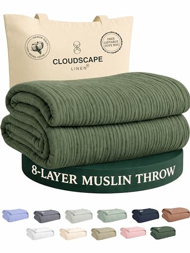 Cloud Scape Linen Extra Large 8 Layer Muslin Throw Blanket - 100% Cotton Gauze, Soft and Breathable, Winter Blanket for Couch, Sofa and Bed, Idea, 50x70, Forest Green