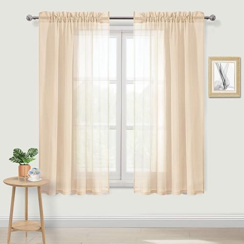 DWCN Beige Sheer Curtains Semi Transparent Voile Rod Pocket Curtains for Bedroom, Bathroom and Living Room, 52 x 72 inches Long, Set of 2 Panels