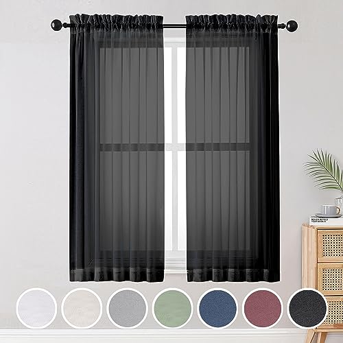 "OWENIE Black Sheer Curtains, Sheer Curtains 63 inch Length 2 Panels Set, Rod Pocket Voile Fimly Sheer Drapes for Living Room/Bedroom, 2pcs, Each 42"" W x 63"" L, Black"