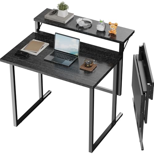 JUMMICO Foldable Desk,Small Desk with Monitor Shelf,2-Tier Folding Table for Home, Office, School, Computer Desk for Small Space,Black