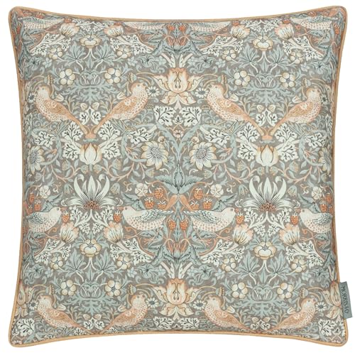 Morris&Co. Strawberry Thief Outdoor Cushion – Iconic Songbird Print Water Resistant Garden Pillow with Piped Trim (Biscuit - 50x50cm)