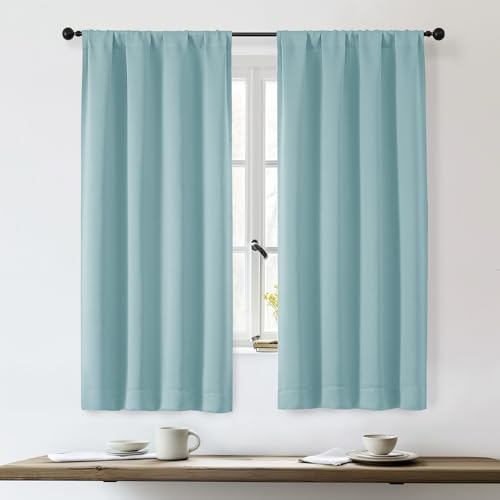 OWENIE Sally Aqua Blackout Curtains for Bedroom 63 Inch Length 2 Panels, Solid Thermal Insulated Energy Saving Rod Pocket Window Treatment Drapes, W40 x L63 Inch, Aqua