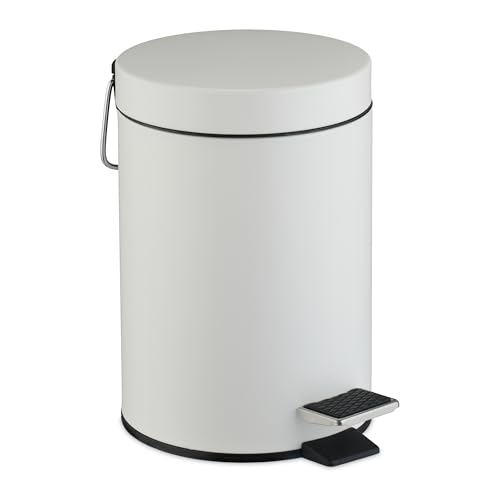 Relaxdays Bathroom Bin, 3 Litres, Removable Inner Bucket, Metal, Toilet, Sanitary Disposal, Trash Can with Lid, White