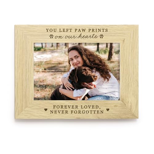 eBuyGB Pet Memorial Wooden Photo Frame 4x6, You Left Paw Prints on Our Hearts, Dog & Cat Loss Sympathy Gift, Forever Loved Never Forgotten Frame (Landscape), Brown