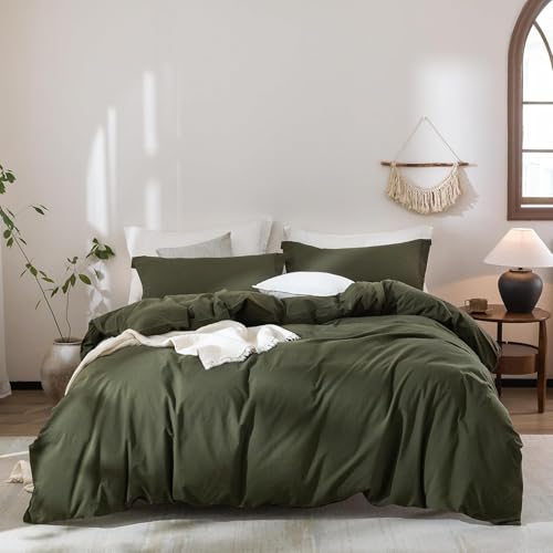 "Warm Moment 100% Washed Cotton Duvet Cover Set Size Queen with 90""x90"" quilt cover and 2 pillowcases, Olive Green"