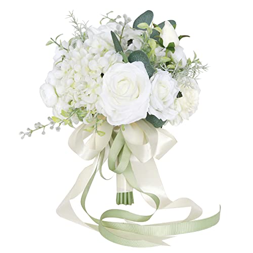 FEILUOYI White Wedding Bouquet, Artificial, 11 inches High x 8 inches Diameter, Round, Traditional Style, 1 Count, Includes Vase, Home Decor