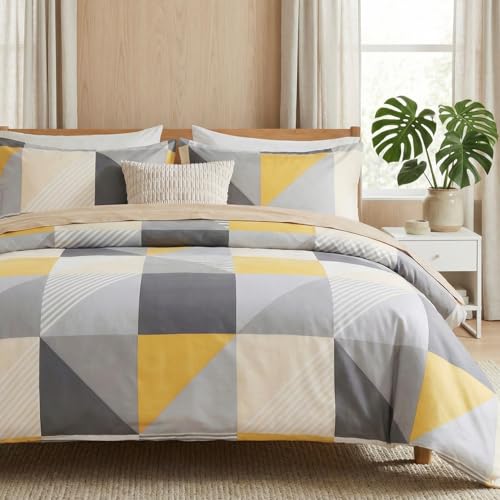 Cozaline Yellow and Grey Duvet Cover Set Queen Size, 100% Natural Cotton Geometric Duvet Cover 3 Piece Soft Breathable Bedding Set for All Seasons