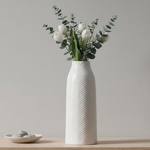 hjn Large White Ceramic Vase - Tall Vase for Home Decor, Centerpieces, Living Room/Bookshelf/Mantel/Table - White Texture