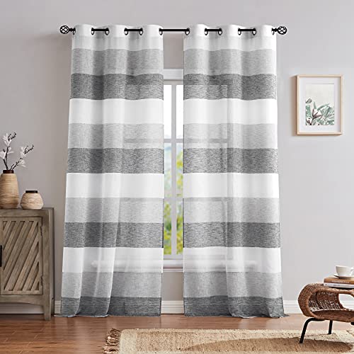 Central Park Gray Charcoal Stripe Sheer Color Block Window Curtain Panel Linen Window Treatment for Bedroom Living Room Farmhouse 63 inches Long with Grommets, 2 Panel Rustic Drapes