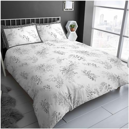 GC GAVENO CAVAILIA Leaf Single Duvet Cover Set (137x200cm) - Polycotton Single Bedding Quilt Cover Reversible - Machine Washable (1 Duvet Cover + 1 Pillowcase) - Grey