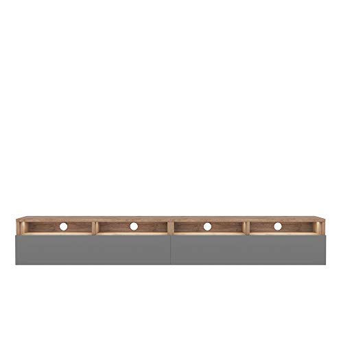 Selsey REDNAW - Modern TV Stand/TV Cabinet with 2 Drawers / 200 cm/Wotan Oak/Grey Gloss/LED lighting
