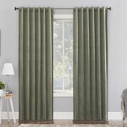 "Sun Zero Hampshire Velvet Noise Reducing Thermal Extreme 100% Blackout Back Tab Curtain Panel, 50"" x 84"", Moss Green"
