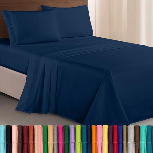 Elegant Comfort Luxurious 1500 Premium Hotel Quality Microfiber Three Line Embroidered Softest 4-Piece Bed Sheet Set, Wrinkle and Fade Resistant, Full, Navy Blue