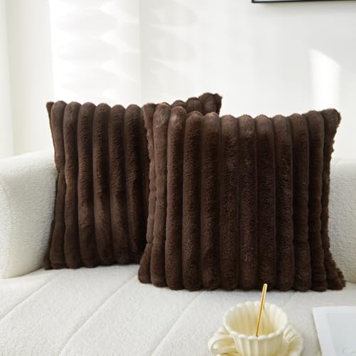 Sunday Praise Faux Fur Decorative Throw Pillow Covers 16x16 Dark Brown - Set of 2,Soft Plush Striped,Modern Home D??cor,Farmhouse Boho Accent Cushion Covers for Couch Sofa Bed Living Room