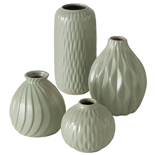 Boltze Zalina 2025736 Vase Set of 4 Green Flower Vases Porcelain Glazed Decorative Vases Various Patterns and Sizes Height 9-19 cm Diameter 9-11 cm