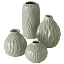 Boltze Zalina 2025736 Vase Set of 4 Green Flower Vases Porcelain Glazed Decorative Vases Various Patterns and Sizes Height 9-19 cm Diameter 9-11 cm