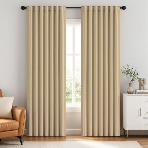 ANRODUO Back Tab Blackout Curtains for Bedroom Living Room, Rod Pocket Pinch Pleated Thermal Insulated Room Darkening Curtains 84 Inches Long 2 Panels, Beige, 42 x 84 Inch