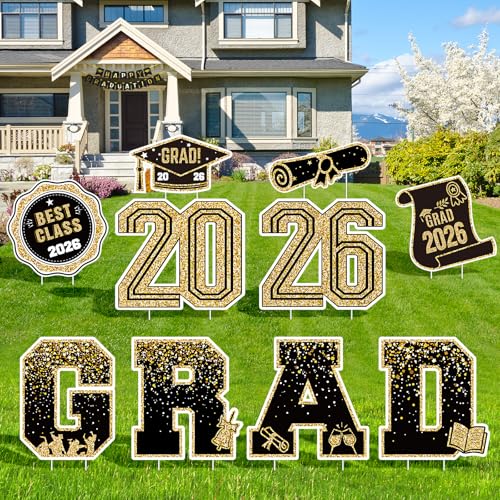 2025 Graduation Decorations Yard Signs ??? 10PCS Black and Gold Congrats Grad Lawn Decorations with Stakes, Graduation Party Supplies, Large Outdoor Graduation Party Decor for High School & College