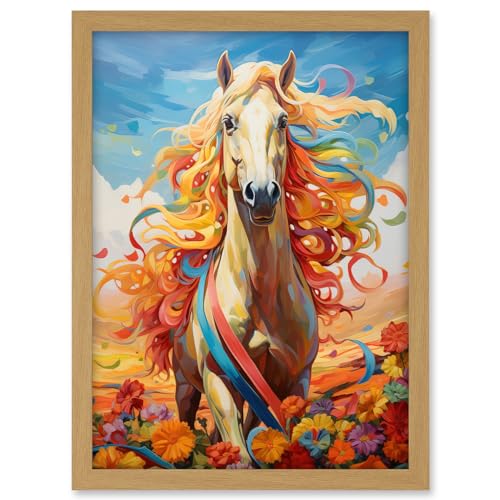 Artery8 Girls Bedroom Nursery Artwork Fantasy Horse Colourful Mane Bright Bold Fun Happy Artwork Framed A3 Wall Art Print