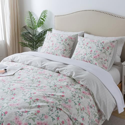HoneiLife Duvet Dover Queen Size - 100% Cotton Comforter Cover, Breathable Bedlinen for Set for Queen Beds, 3-PC Wildflower Comforter Cover Sets, Fuchsia???