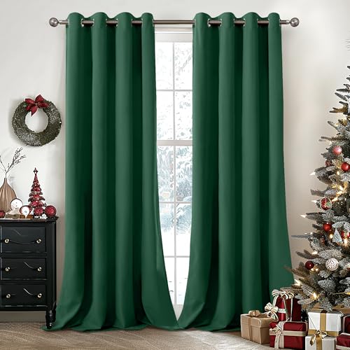 YoungsTex Emerald Green Velvet Curtains 80 Inches Length 2 Panels for Living Room, Grommet Thermal Insulated Window Drapes Privacy Christmas Decor for Bedroom, 52 X 80 Inch