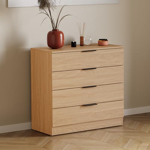 Vida Designs Trega 4 Drawer Chest of Drawers Pine - Compact Space-Saving Bedroom Storage Unit - 74Hx66Wx36Dcm - Anti-Bowing Support, Modern Black Handles, Glide Runners - Ideal for Bedroom & Nursery