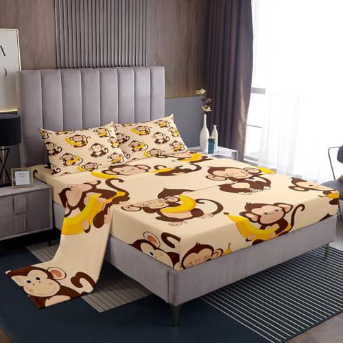 Cartoon Monkey Bed Sheets Full Size,Cute Banana Print Bedding Set 4Pcs,Tropical Wild Animals Fruit Fitted Sheet for Kids Girls Boys Teens Room Decor,Brown Yellow Top Flat Sheet,2 Pillowcases