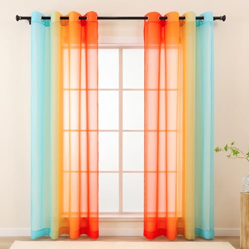 L.Z.E Blue Orange Sheer Curtains 96 Inches Long for Living Room, Colorful Sheer Curtains for Bedroom Dining Room Nursery, Transparent Lightweight Gradient Window Drapes Grommet Top 2 Panels Set