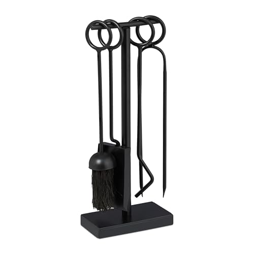 Relaxdays Fireplace Tools Set, 5 Pieces, Iron, Black, Includes Poker, Ash Shovel, Broom, Tongs & Stand, 42x17x9 cm