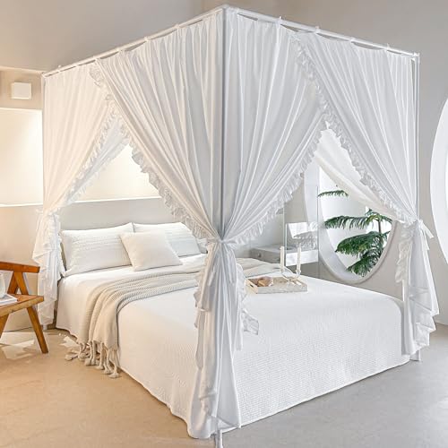 AIKASY Princess Canopy Bed Curtains with Top Ties - Windproof & Lightproof for Girls' Adult Bedroom Decor - Bed Canopy Drapes (King,White)