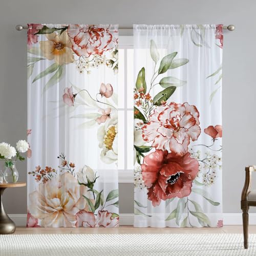 Fereyis Floral Sheer Curtains for Living Room 84 Inch Length 2 Panels Elegant Red Pink Floral Print Window Curtain Chiffon Curtains for Bedroom