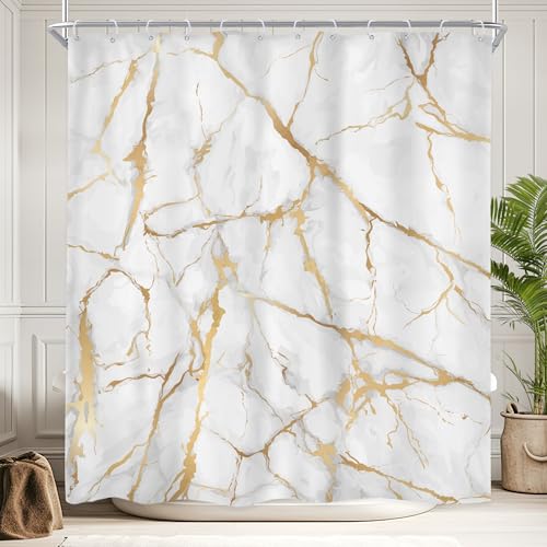 Newsely White and Gold Marble Shower Curtain 60Wx72H Inch Abstract Modern Crack Luxury Texture Ink Liquid Geometric Shower Curtain Bathroom Set Unique Waterproof Bath Decoration Accessories Home Decor