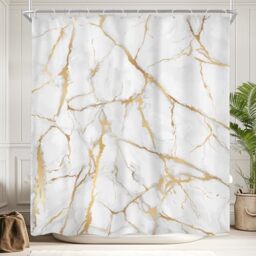 Newsely White and Gold Marble Shower Curtain 60Wx72H Inch Abstract Modern Crack Luxury Texture Ink Liquid Geometric Shower Curtain Bathroom Set Unique Waterproof Bath Decoration Accessories Home Decor