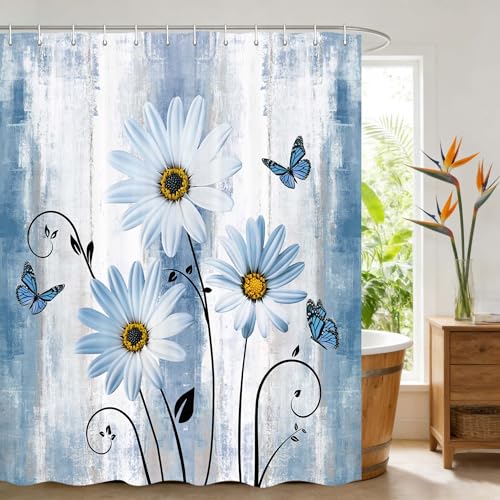 JAWO Rustic Farmhouse Teal Floral Shower Curtain, Farm Teal Daisy Flowers and Butterfly Shower Curtain for Bathroom, Country Turquoise Fabric Bath Curtains Set with 12PCS Hooks, 70X70IN, Aqua