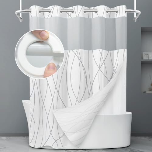 LXBNI No Hook Grey White Striped Shower Curtain with Snap in Fabric Liner Set - Hotel Shower Curtain and Liner Set with See Through Mesh Top Window,Machine Washable, 71x74 INCH