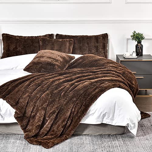 "YUSOKI Luxury Faux Fur Twin XL Blanket for Twin XL Bed 2 Layers,5.2lb,All Ages,Home Decoration Without Pillows(Brown,63""x90"")"