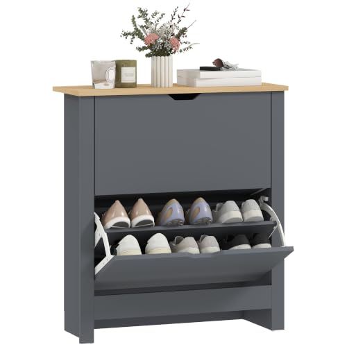 HOMCOM Shoe Cabinet Ultra Slim 2 Flip Drawers 6-12 Pairs Charcoal Grey - Shoe Storage Cabinet, Space Saving Cupboard, Adjustable Shelves, Hallway, Living Room