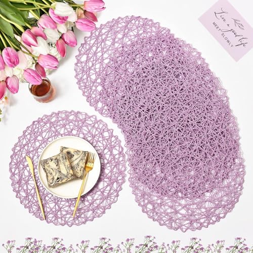 IcosaMro Purple Round Placemats for Dining Table Set of 6 Non-Slip Woven Paper Heat Resistant Circle Table Mats Place Mats for Table Decor Holiday Christmas Wedding Accent Centerpiece, 14.96 Inches